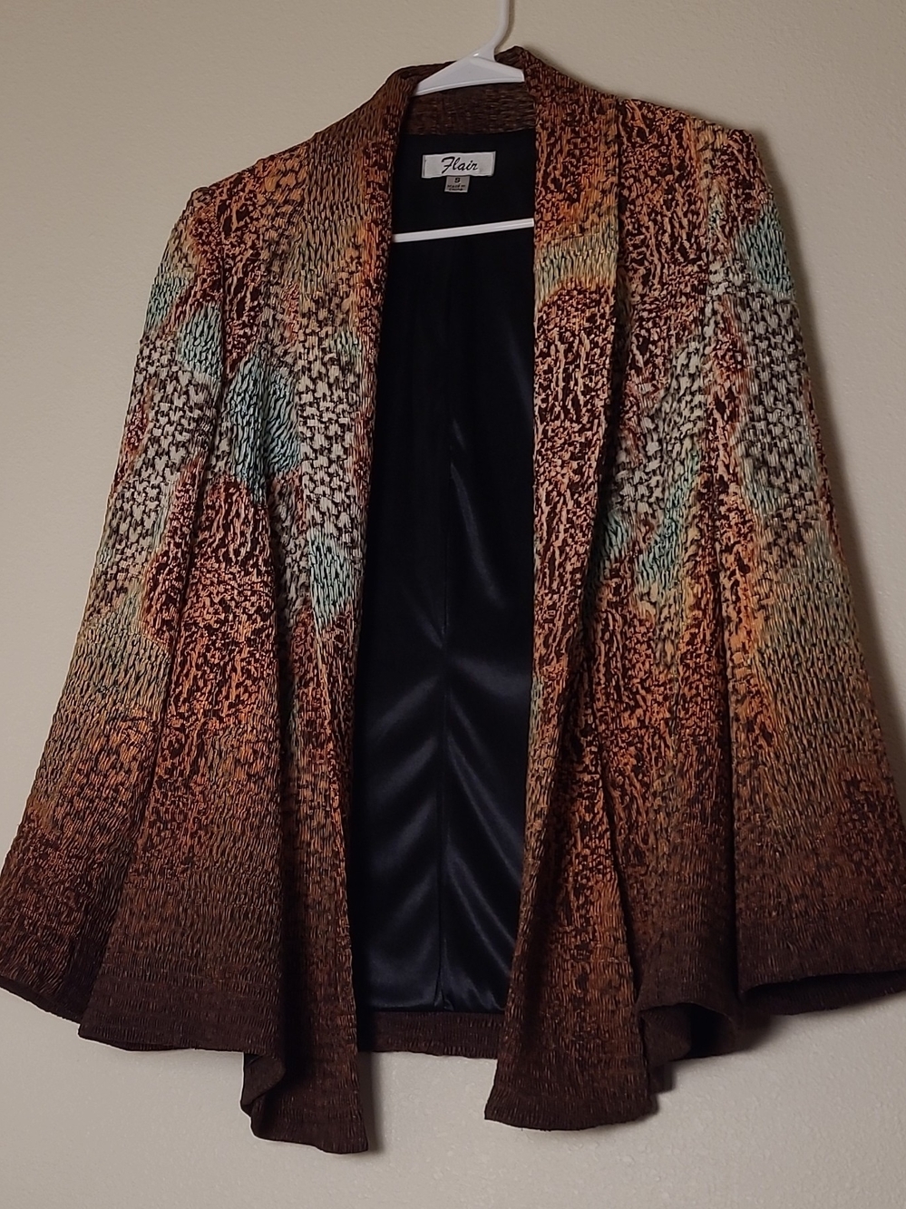 Flair Art To Wear Crinkle Ombre Open Front Lined Brown Blue Cream Jacket Size S